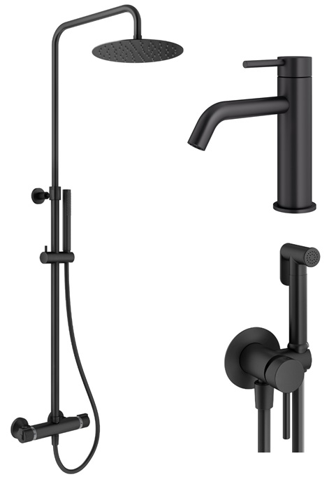 Комплект душевой стойки с гигиеническим смесителем Plumberia Selection IXO KITZXO6302NO53 с термостатом, черный матовый