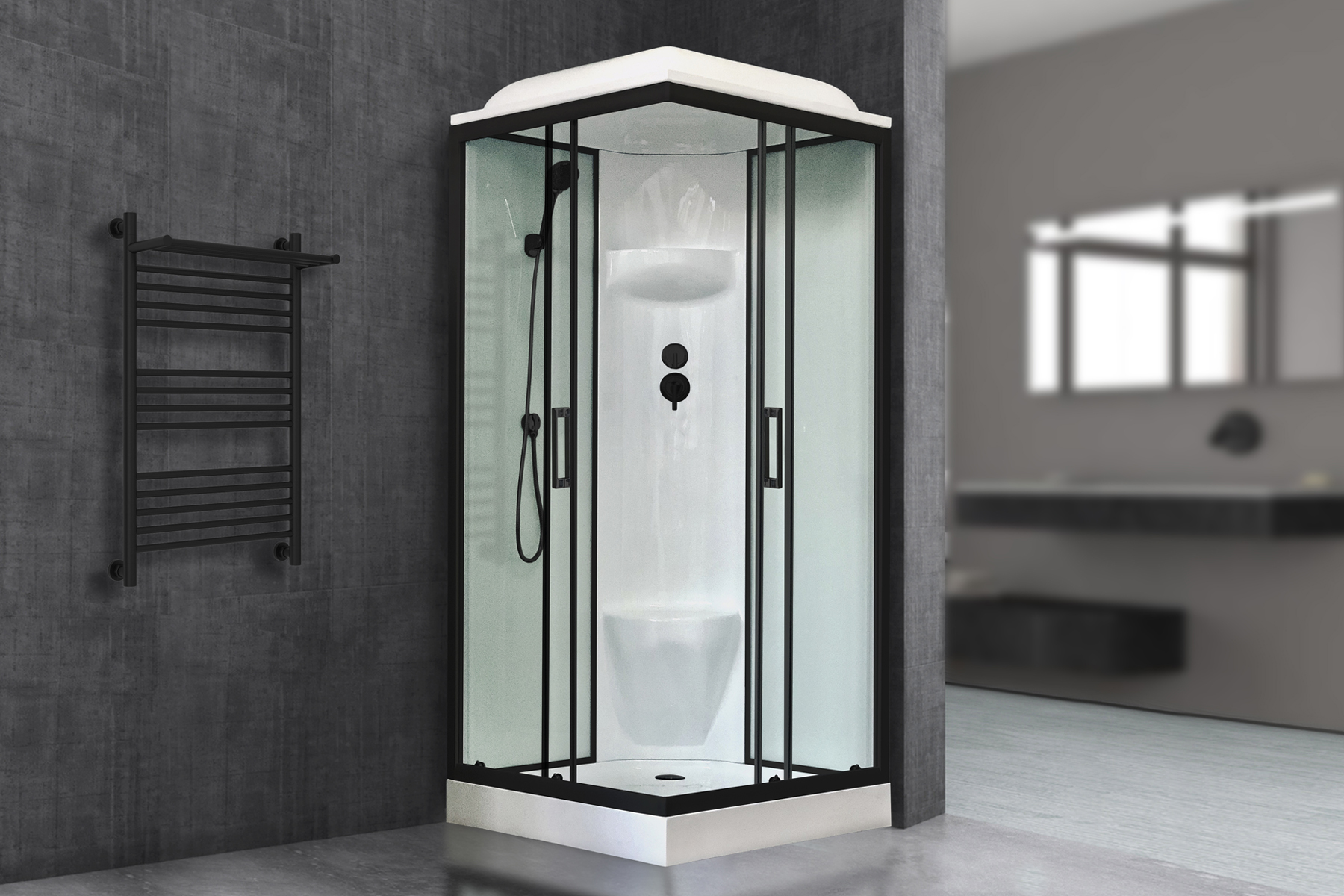 Душевая кабина Royal Bath 80х80 RB 80HP6-WT-BL стекло прозрачное профиль черный задняя стенка белая 53627₽