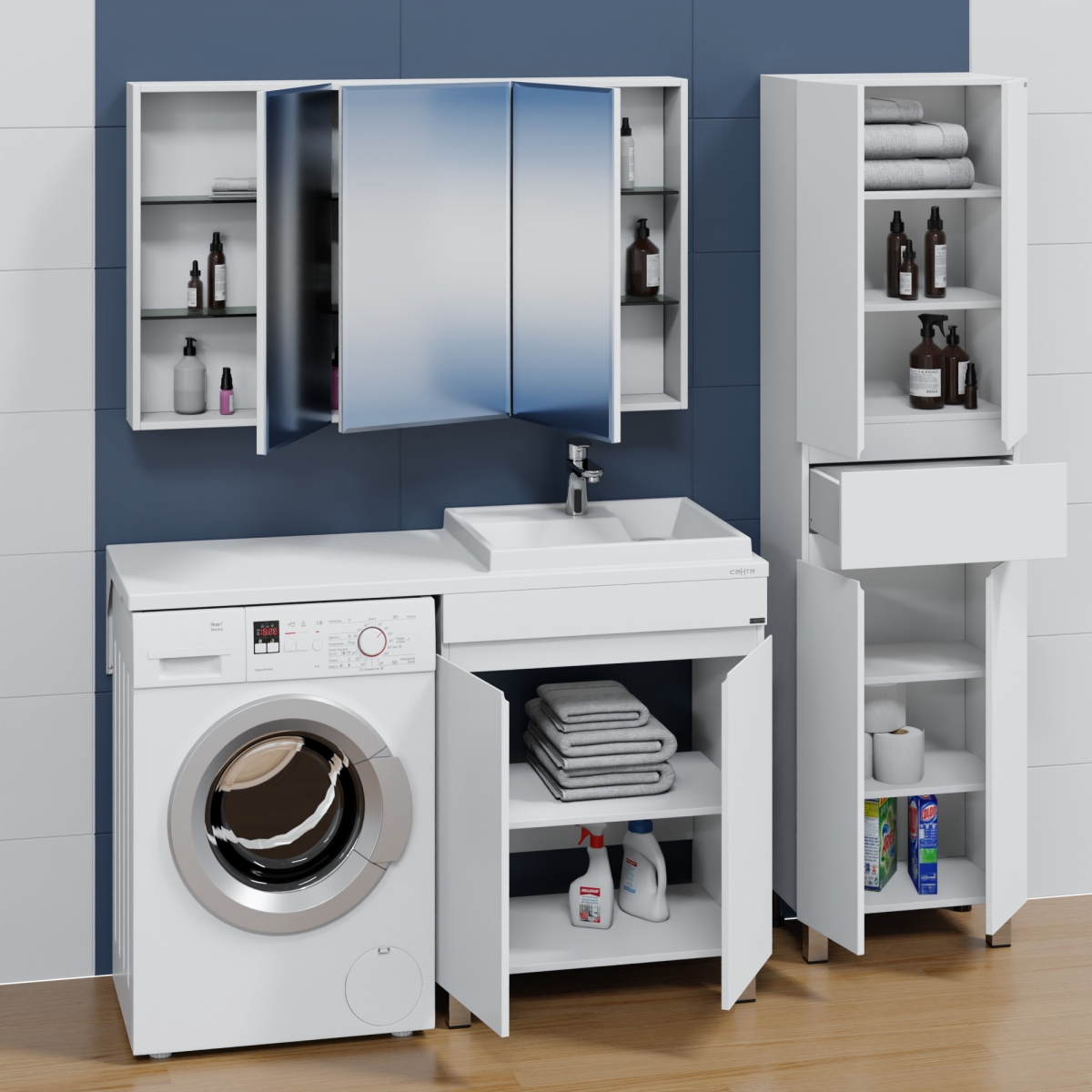 Мебель для ванной комнаты СанТа Марс 70 с 2-мя дверцами, напольная, белая, под стиральную машину L/R, цвет белый