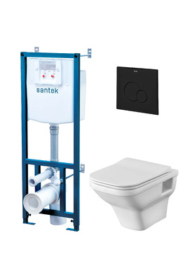 Комплект (подвесной унитаз+инсталляция) Santek Лайн 1WH501778 безободковый, с крышкой микролифт, белый, кнопка черная