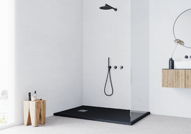 Фото Душевой поддон из литьевого мрамора Taliente 120x80 PTA-ST-120Bstone черный, на каркасе с декоративной панелью (уценка: с экспозиции)