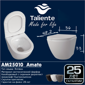 Унитаз подвесной Taliente Amato AM25010 Bianco opaco безободковый, матовый, с крышкой микролифт