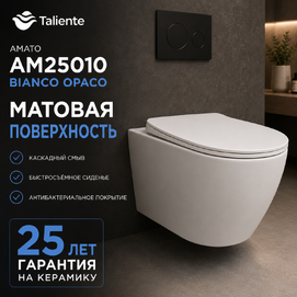 Унитаз подвесной Taliente Амато (Amato) AM25010 Bianco opaco безободковый, с крышкой микролифт, белый матовый
