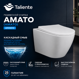 Унитаз подвесной Taliente Амато (Amato) AM25010 безободковый, быстросъемное тонкое сиденье с микролифтом, белый глянцевый