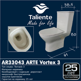 Фото Унитаз напольный Taliente Арте (Arte) Vortex 3 AR33043 белый, безободковый, быстросъемное сиденье с микролифтом
