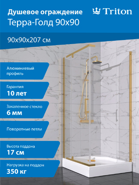 Душевой уголок Triton Терра-Голд 90х90 Щ0000073931 стекло прозрачное, профиль золото, с поддоном