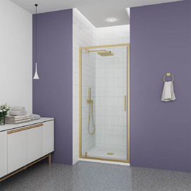 Фото Душевая дверь Veconi Ottimo 70x190 OP30G-70-01-C9 стекло прозрачное, профиль брашированное золото
