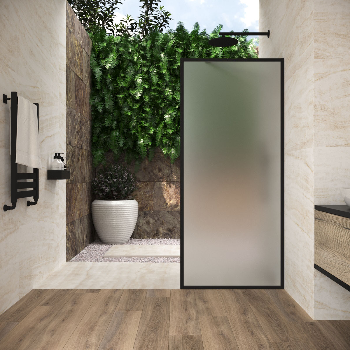 Душевая перегородка Vegas-Glass 100x200 EAF Frame 100 02М 10 профиль черный матовый стекло сатин 39702₽