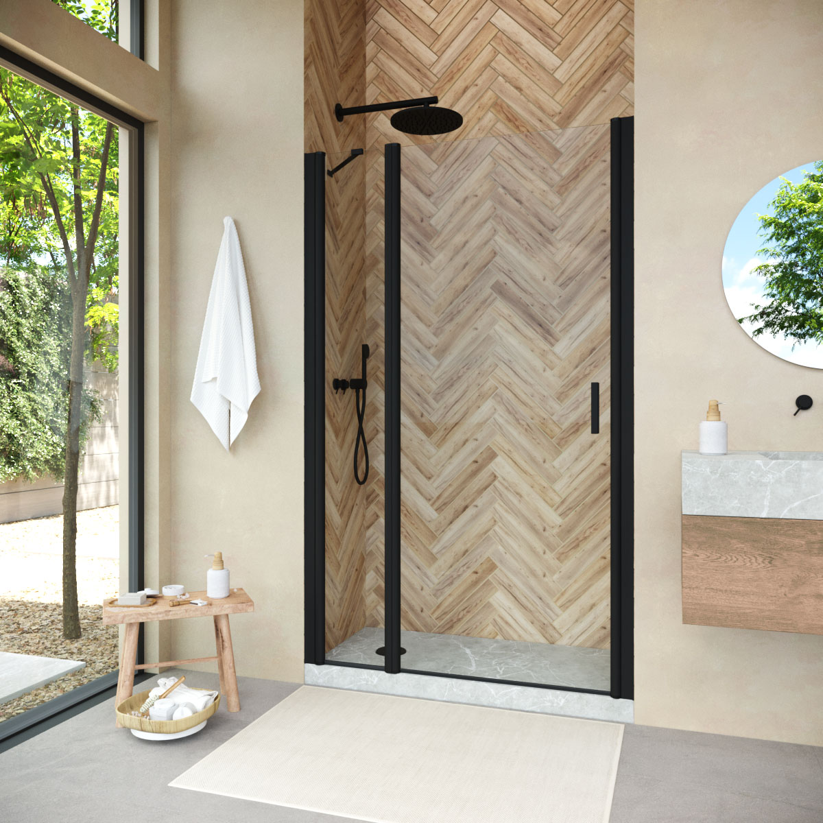 Душевая дверь в нишу Vegas-Glass 105 см EP-F-1 NOVO h2000 105 02М 01 профиль черный матовый, стекло прозрачное