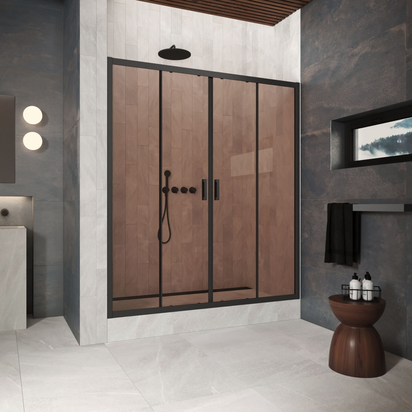 Душевая дверь в нишу Vegas-Glass 195 см Z2P Protec h1900 195 02М 05 профиль черный матовый, стекло бронза