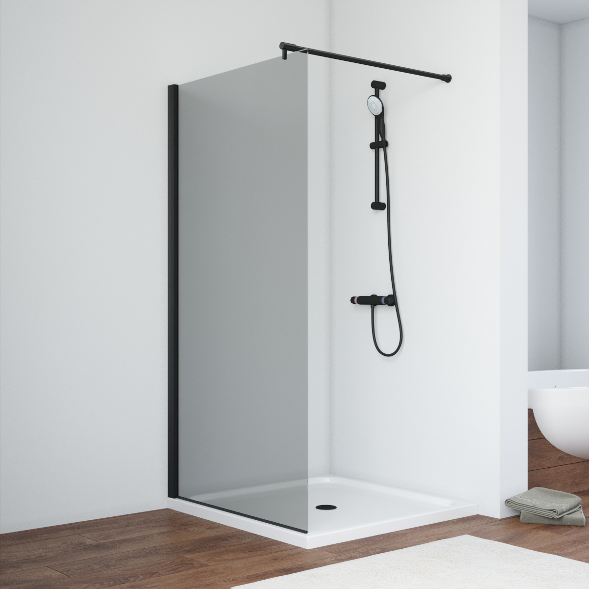 Душевая перегородка Vegas-Glass 86x200 EAF NOVO h2000 86 02М 07 профиль черный матовый стекло графит 31160₽