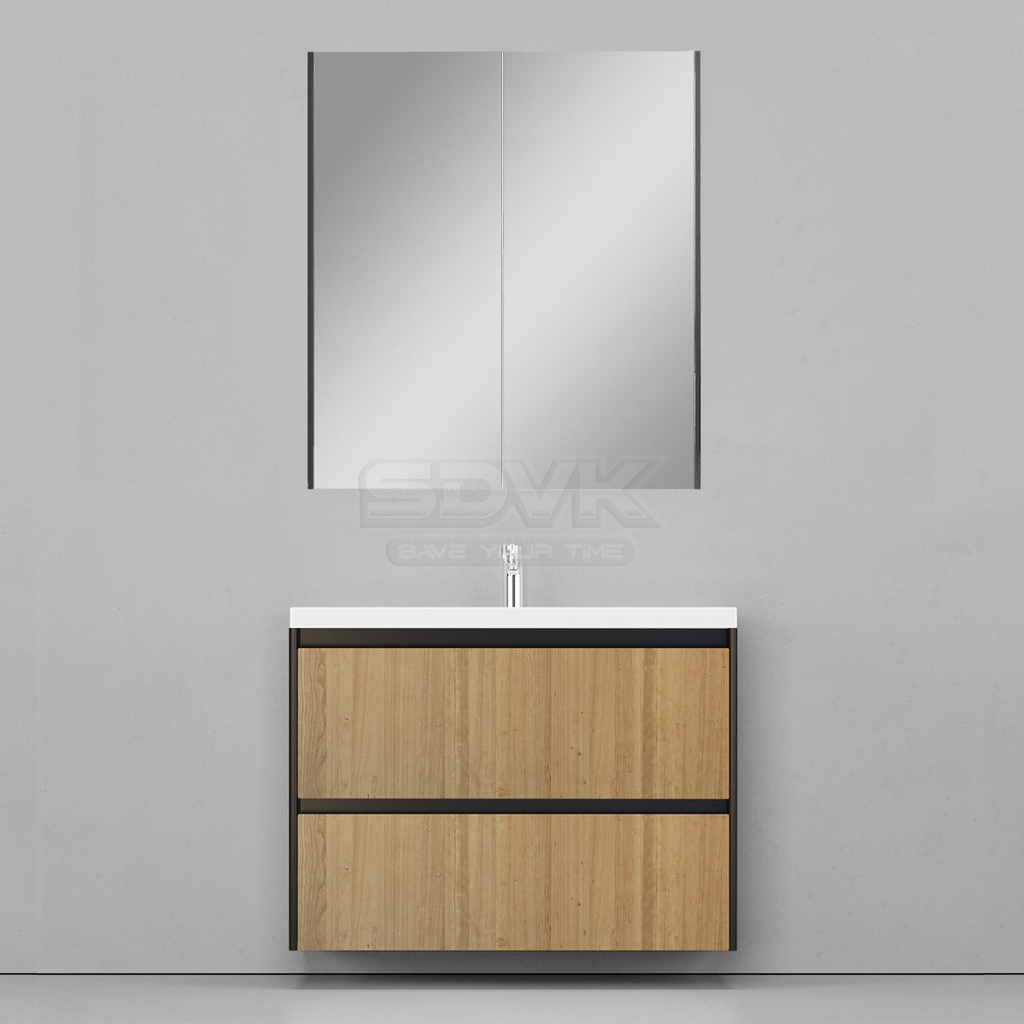 Фото Мебель для ванной Velvex Klaufs 100 подвесная 2 ящика, черная/дерево