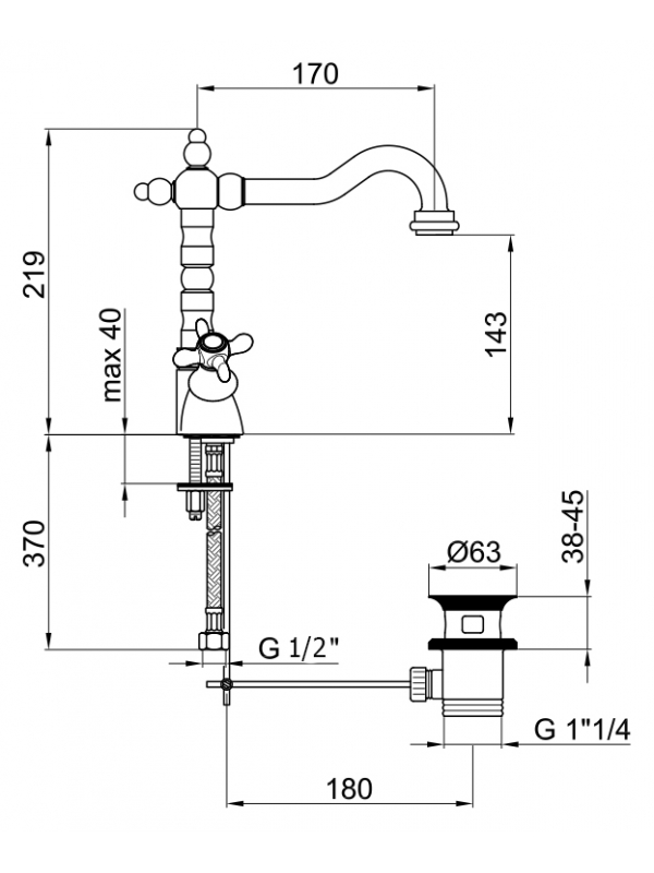 Смеситель для раковины Webert Ottocento 700302.065, цвет бронза - фото 2