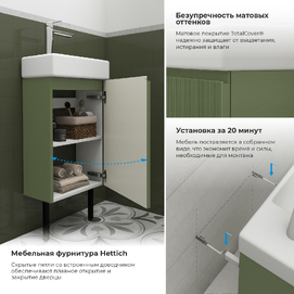 Фото Мебель для ванной комнаты Wellsee WC Area 40 см 221805006 подвесная и напольная, с черными ножками, матовая зеленая