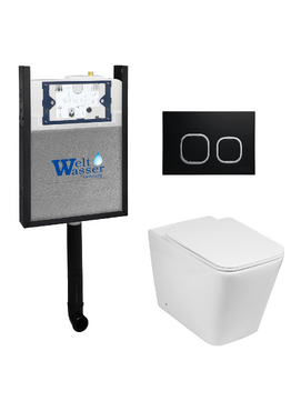 Комплект 3 в 1 Унитаз приставной WeltWasser GELBACH 002 GL-WT безободковый+Инсталляция AMBERG 404 с кнопкой AMBERG RD-BL черная матовая