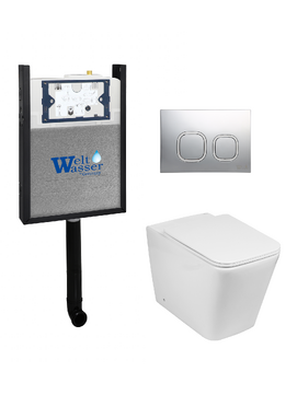 Комплект 3 в 1 Унитаз приставной WeltWasser GELBACH 002 GL-WT  безободковый+Инсталляция AMBERG 404 с кнопкой AMBERG RD-CR хром глянцевый