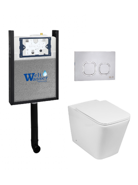 Комплект 3 в 1 Унитаз приставной WeltWasser GELBACH 002 GL-WT  безободковый+Инсталляция AMBERG 404 с кнопкой AMBERG RD-MT CR хром матовый