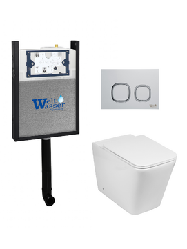 Комплект 3 в 1 Унитаз приставной WeltWasser GELBACH 002 GL-WT  безободковый+Инсталляция AMBERG 404 с кнопкой AMBERG RD-WT белая матовая