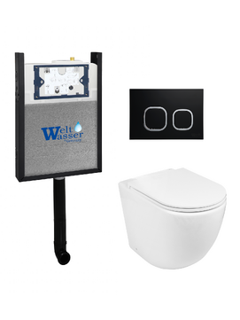 Комплект 3 в 1 Унитаз подвесной WeltWasser MERZBACH 002 GL-WT  безободковый+Инсталляция AMBERG 404  с кнопкой  AMBERG RD-BL  черная матовая