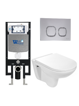 Комплект 3 в 1 Унитаз приставной WeltWasser BAARBACH 004 GL-WT  безободковый+Инсталляция AMBERG 497  с кнопкой  AMBERG RD-CR  хром глянцевый