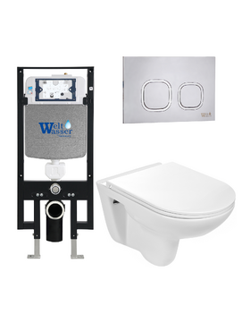 Комплект 3 в 1 Унитаз приставной WeltWasser BAARBACH 004 GL-WT  безободковый+Инсталляция AMBERG 497  с кнопкой  AMBERG RD-MT CR  хром матовый