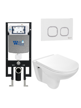 Комплект 3 в 1 Унитаз приставной WeltWasser BAARBACH 004 GL-WT  безободковый+Инсталляция AMBERG 497  с кнопкой  AMBERG RD-WT  белая матовая