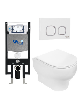 Комплект 3 в 1 Унитаз подвесной WeltWasser ERLENBACH 004 GL-WT  безободковый+Инсталляция AMBERG 497  с кнопкой  AMBERG RD-WT  белая матовая