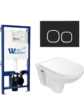 Комплект 3 в 1 Унитаз приставной WeltWasser BAARBACH 004 GL-WT  безободковый+Инсталляция BAMBERG 525  с кнопкой  BAMBERG BL  черная матовая