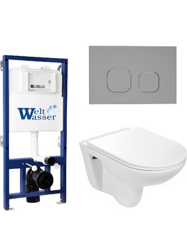 Комплект 3 в 1 Унитаз приставной WeltWasser BAARBACH 004 GL-WT  безободковый+Инсталляция BAMBERG 525  с кнопкой  BAMBERG CR  хром глянцевый