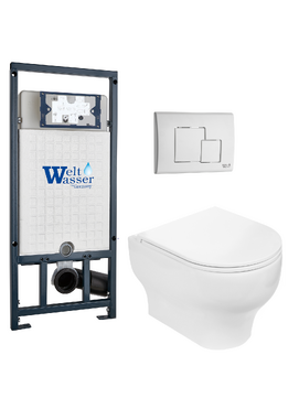 Комплект 3 в 1 Унитаз подвесной WeltWasser ERLENBACH 004 GL-WT безободковый+Инсталляция MARBERG 507 с кнопкой MAR 507 SE GL-WT белая глянцевая