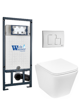 Комплект 3 в 1 Унитаз подвесной WeltWasser GELBACH 043 GL-WT безободковый+Инсталляция MARBERG 507 с кнопкой MAR 507 SE GL-WT  белая глянцевая