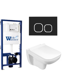 Комплект 3 в 1 Унитаз подвесной WeltWasser KEHLBACH 004 GL-WT безободковый+Инсталляция BAMBERG 525 с кнопкой BAMBERG BL черная матовая