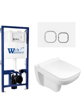 Комплект 3 в 1 Унитаз подвесной WeltWasser KEHLBACH 004 GL-WT безободковый+Инсталляция BAMBERG 525 с кнопкой BAMBERG WT белая матовая
