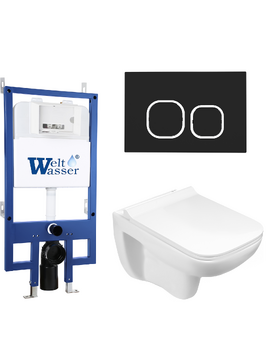 Комплект 3 в 1 Унитаз подвесной WeltWasser KEHLBACH 004 GL-WT безободковый+Инсталляция BAMBERG 545 с кнопкой BAMBERG BL черная матовая