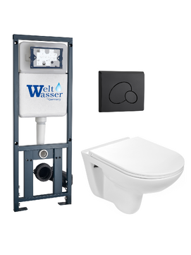Комплект 3 в 1 Унитаз приставной WeltWasser BAARBACH 004 GL-WT безободковый+Инсталляция MARBERG 410 с кнопкой MAR 410 RD MT-BL черная матовая